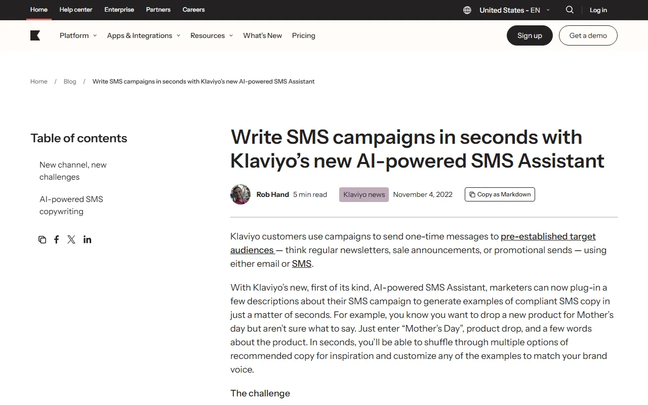 Klaviyo SMS Assistant screenshot
